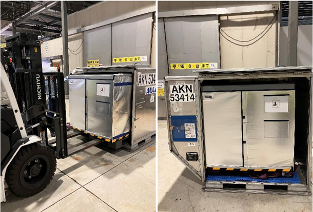 1.3m角のパレット上に載せた断熱ボックスがLD3コンテナ内に入る写真